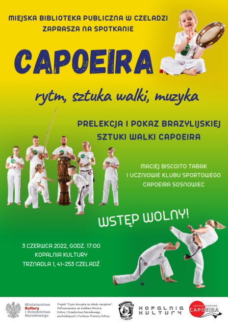 Plakat promujący wydarzenie Capoeira - rytm, sztuka walki, muzyka